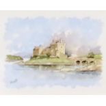 IRVINE RUSSELL Eilean Donan, signed, watercolour, 17 x 22cm and two others (3) Condition Report:
