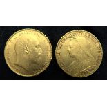 VICTORIA 1899 sovereign coin 7.95 grams and Edward VII 1910 sovereign coin 8 grams (2) Condition