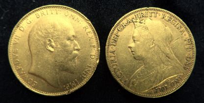 VICTORIA 1899 sovereign coin 7.95 grams and Edward VII 1910 sovereign coin 8 grams (2) Condition