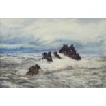 H.S.ROSSLAND Coastal rocky outcrop, signed, watercolour, dated, 1913, 22 x 33cm, sheep herdsman