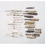 A collection of pocket knives including twelve silver and mother of pearl examples, Georgian and