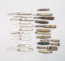 A collection of pocket knives including twelve silver and mother of pearl examples, Georgian and