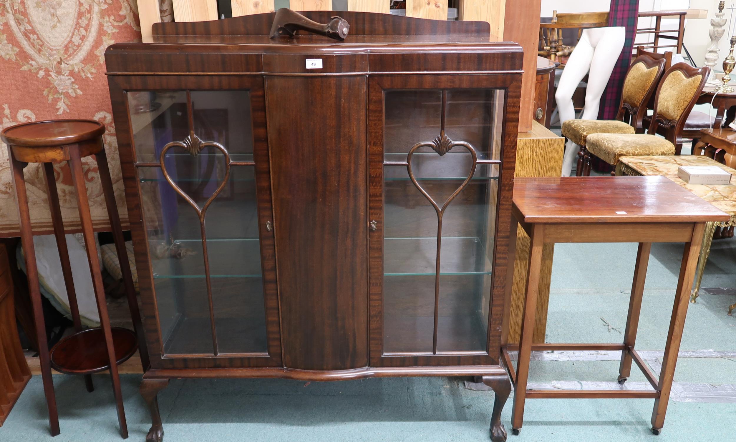 A lot comprising mahogany glazed display cabinet, 122cm high x 108cm wide x 33cm deep, two tier