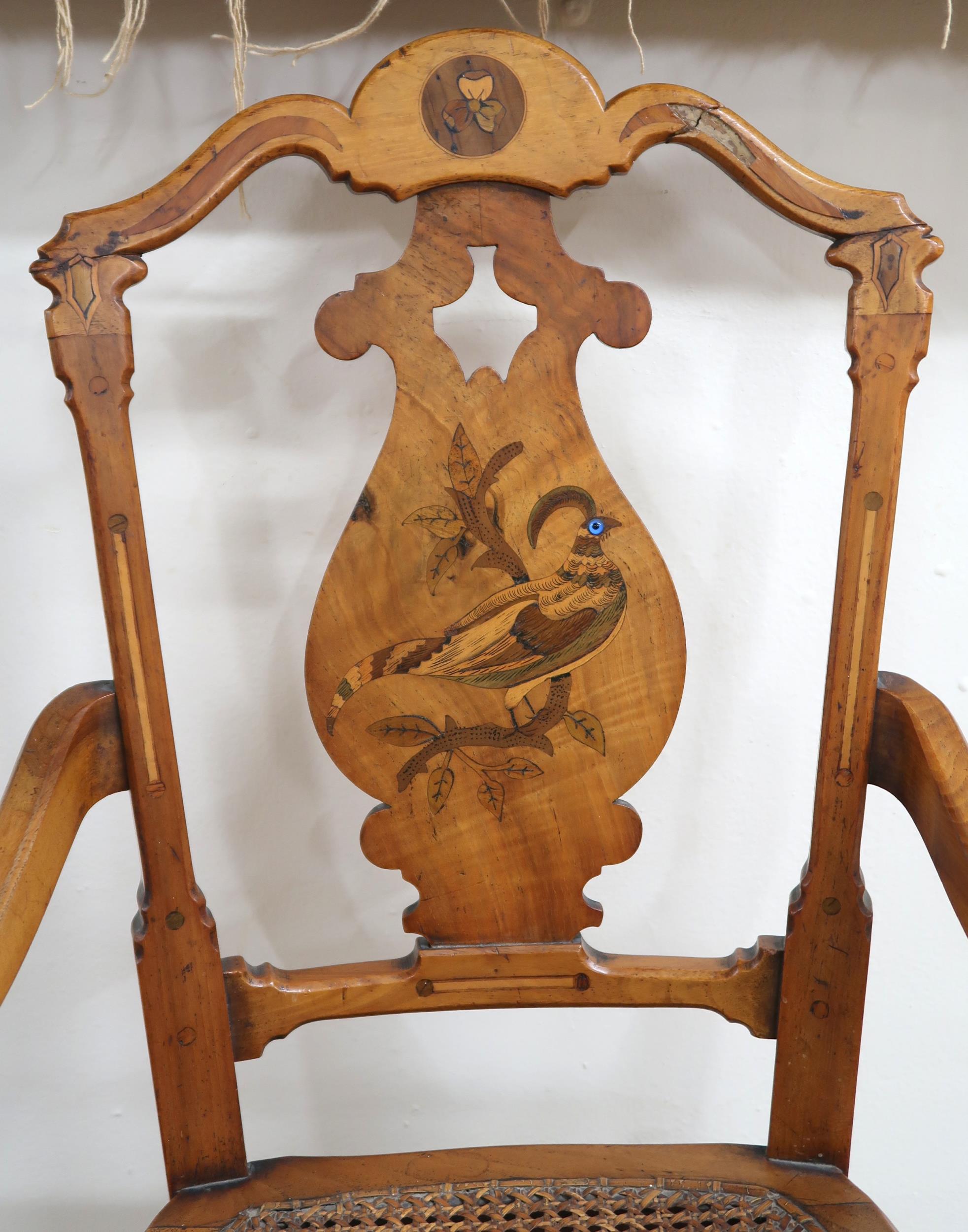 A Victorian walnut framed bergere children's high chair with shaped splat inlaid with game bird over - Image 2 of 3