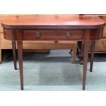 A Victorian mahogany fold over tea table with single drawer on square tapering supports, 67cm high x
