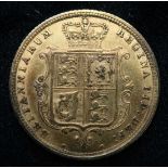 A 1885 gold 'shield back' gold half sovereign, weight 4gms Condition Report:Available upon request