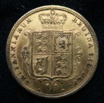 A 1885 gold 'shield back' gold half sovereign, weight 4gms Condition Report:Available upon request