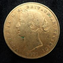 VICTORIA 1870 SYDNEY MINT 1 SOVEREIGN COIN  obverse young uncrowned Victoria facing left legend