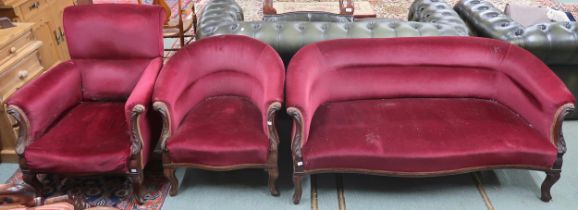 A Victorian rosewood framed parlour suite comprising parlour settee, 65cm high x 148cm wide x 75cm