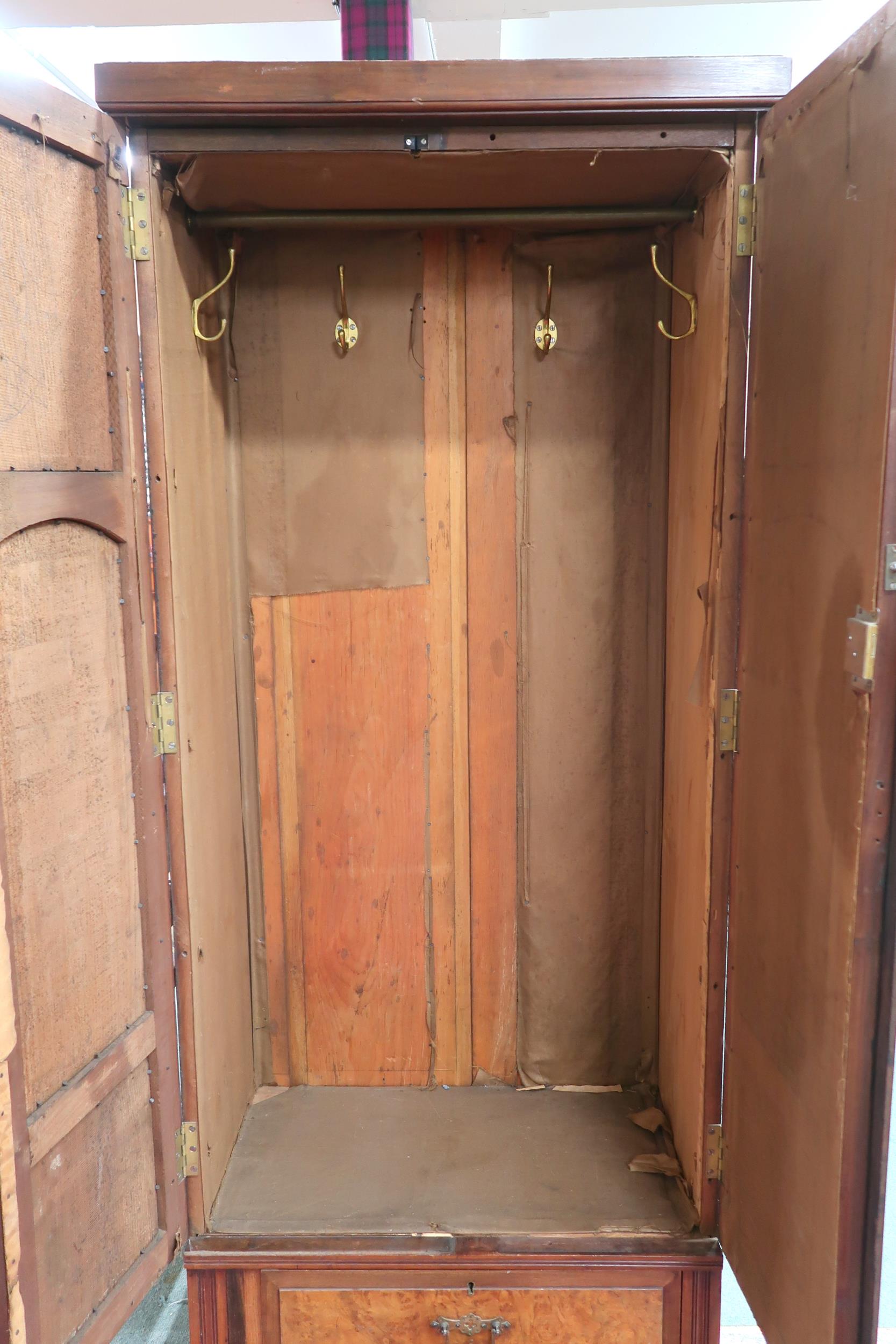 A Victorian mahogany and burr walnut veneered hall robe with two panel doors over two long drawers - Image 3 of 5