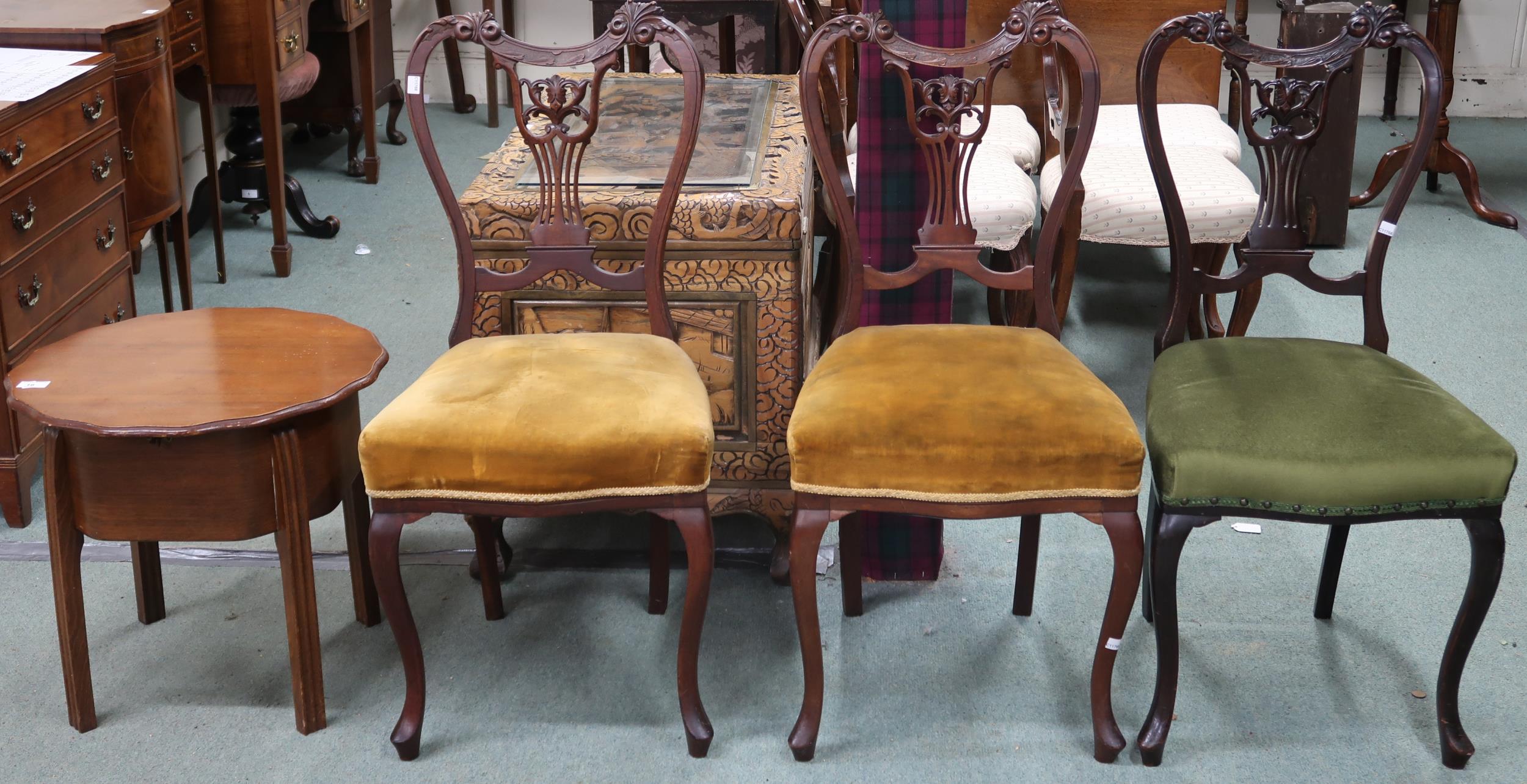 A mixed lot to include a set of three Victorian mahogany framed parlour chairs with carved shaped