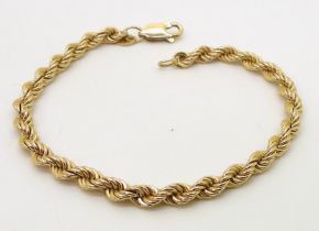 A 9ct gold rope chain bracelet, length 18cm, weight 10gms Condition Report:Available upon request