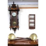 A lot comprising Austrian style mahogany cased wall clock, two brass and copper bed warming pans and