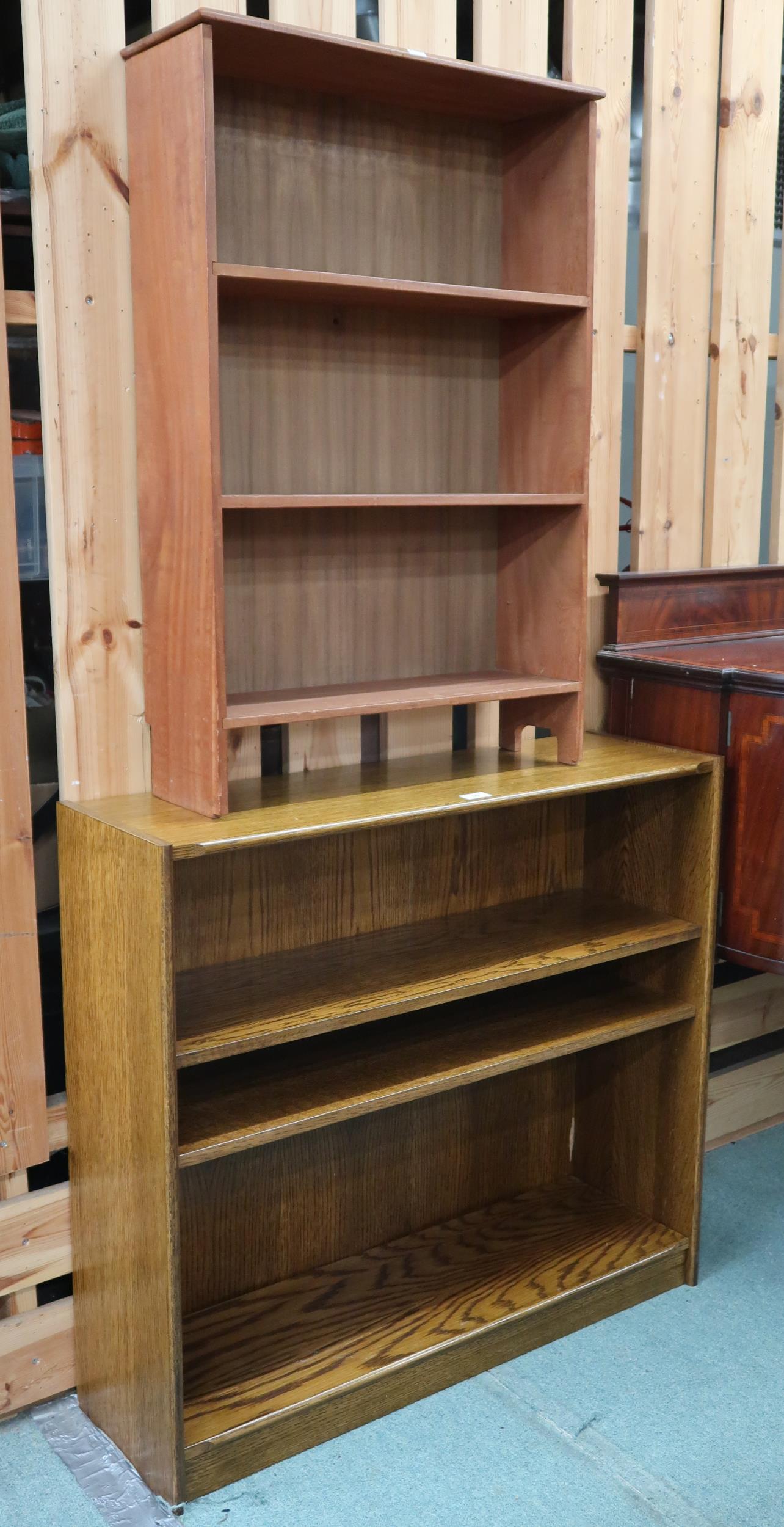 A lot comprising oak open bookcase, 82cm high x 91cm wide x 27cm deep and another smaller teak - Image 2 of 2