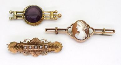 A 15ct gold Etruscan revival pearl set brooch with Birmingham hallmark for 1890, weight 4gms, a