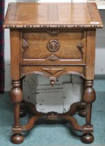 An early 20th century oak "Morco product" sewing work box with hinged lid concealing velvet lined