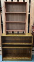 A lot comprising oak open bookcase, 82cm high x 91cm wide x 27cm deep and another smaller teak