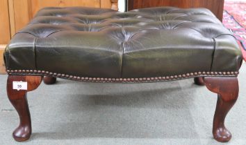 A 20th century forest green leather button upholstered footstool on cabriole supports, 30cm high x