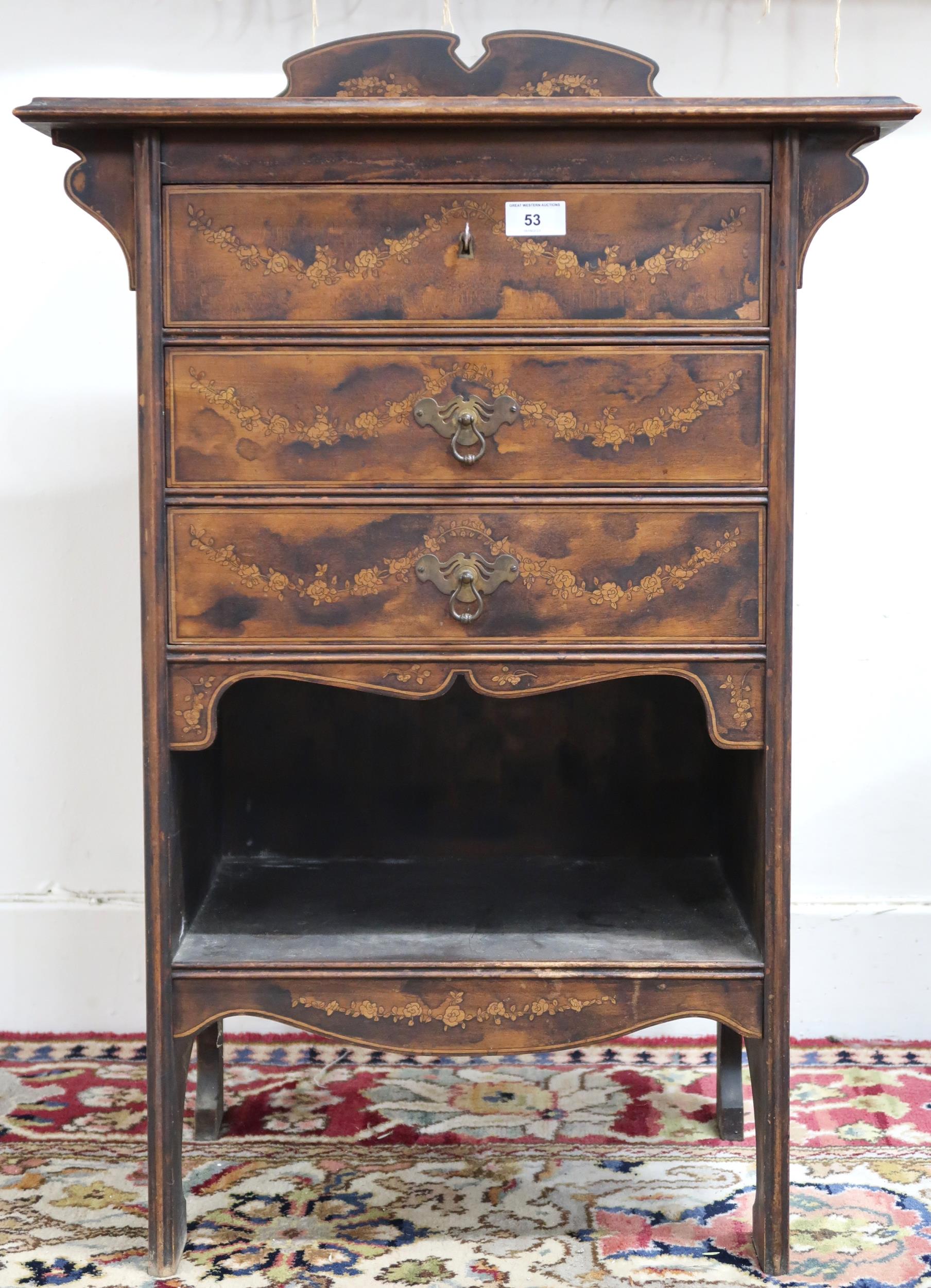 A 19th century walnut and satinwood veneered music cabinet with three drawers over open shelf,