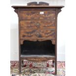 A 19th century walnut and satinwood veneered music cabinet with three drawers over open shelf,