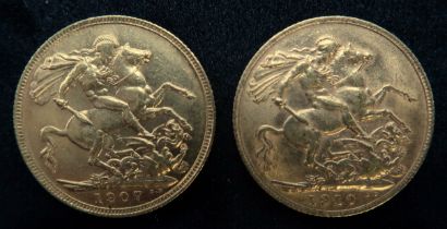 EDWARD VII  sovereign coins 1907 Sydney mint 8 grams and 1910 8 grams (2) Condition Report:Available