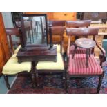 A lot comprising mahogany sabre legged dining chairs, a circular topped pokerwork stool and a 19th