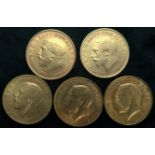 GEORGE V HALF SOVEREIGN COINS  1911 4 grams, 1911 4 grams, 1911 4 grams, 1913 4 grams, 1913 4