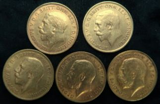 GEORGE V HALF SOVEREIGN COINS  1911 4 grams, 1911 4 grams, 1911 4 grams, 1913 4 grams, 1913 4