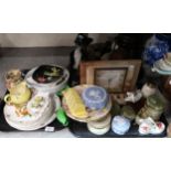 A collection of decorative ceramics and glass including a copper planter, Masons dinnerwares, a