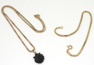 A 9ct gold box chain necklace with jet black scallops shell pendant, length 44cm; together with a