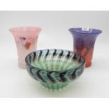 A Monart glass vase, another vase and a bowl Condition Report:pink/blue with aventurine is broken