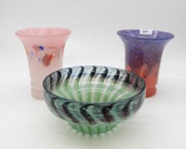 A Monart glass vase, another vase and a bowl Condition Report:pink/blue with aventurine is broken