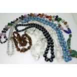 A good string of black banded agate beads, statement vintage glass crystal beads, millefiori &