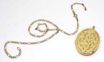 A 9ct gold locket pendant, Birmingham, and a 9ct Figaro chain necklace (af), length 45cm, weight