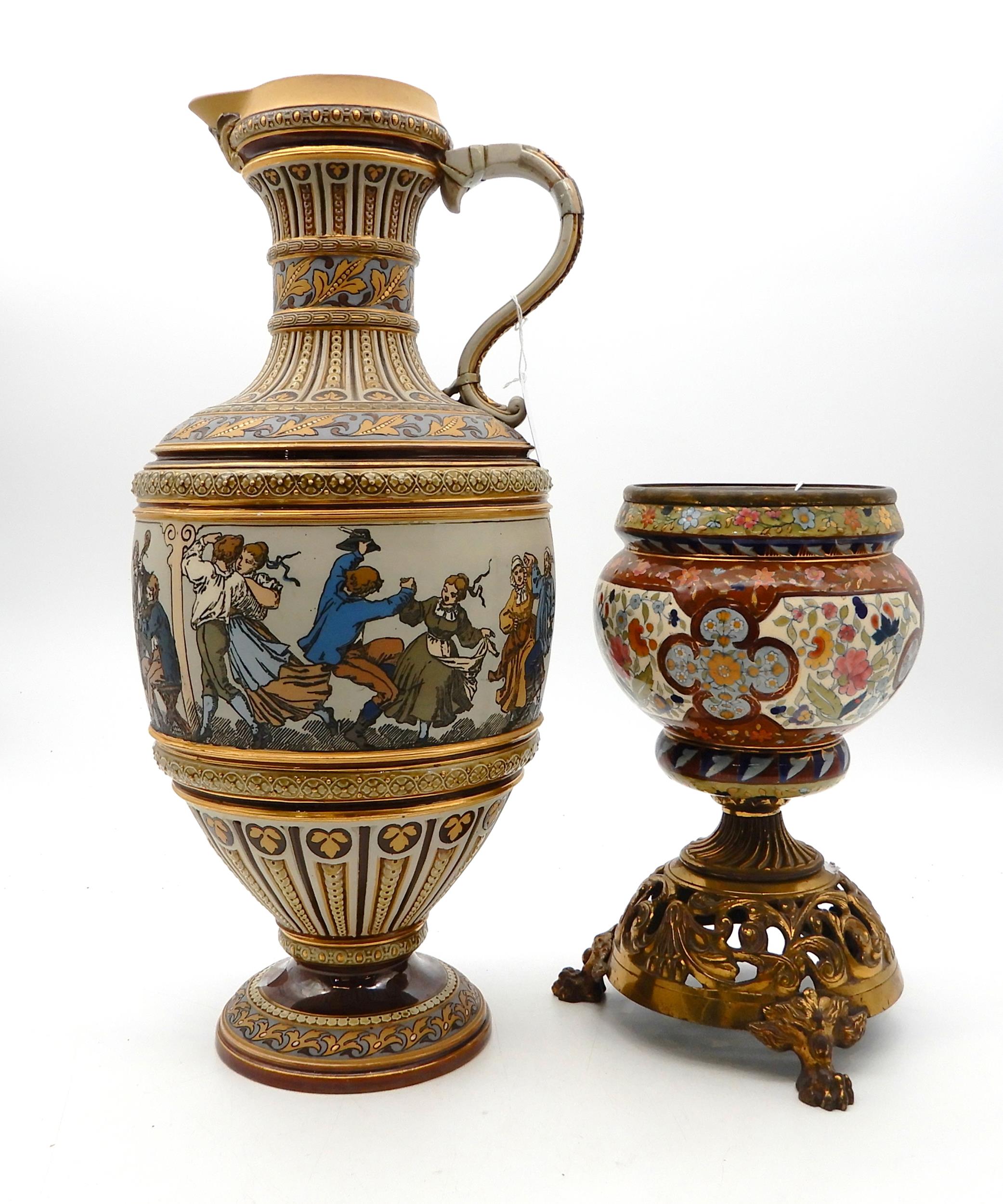 A pottery oil lamp base in the style of Zolnay with brass base together with a large Mattlach ewer