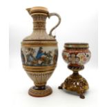 A pottery oil lamp base in the style of Zolnay with brass base together with a large Mattlach ewer