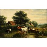 ENGLISH SCHOOL Cattle before farm buildings, signed, oil on canvas, 43 x 67cm Condition Report: