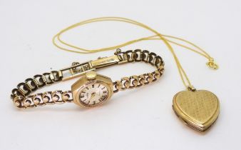 A 9ct gold ladies Roamer watch and strap (af), together with a 9ct gold back & front heart shaped