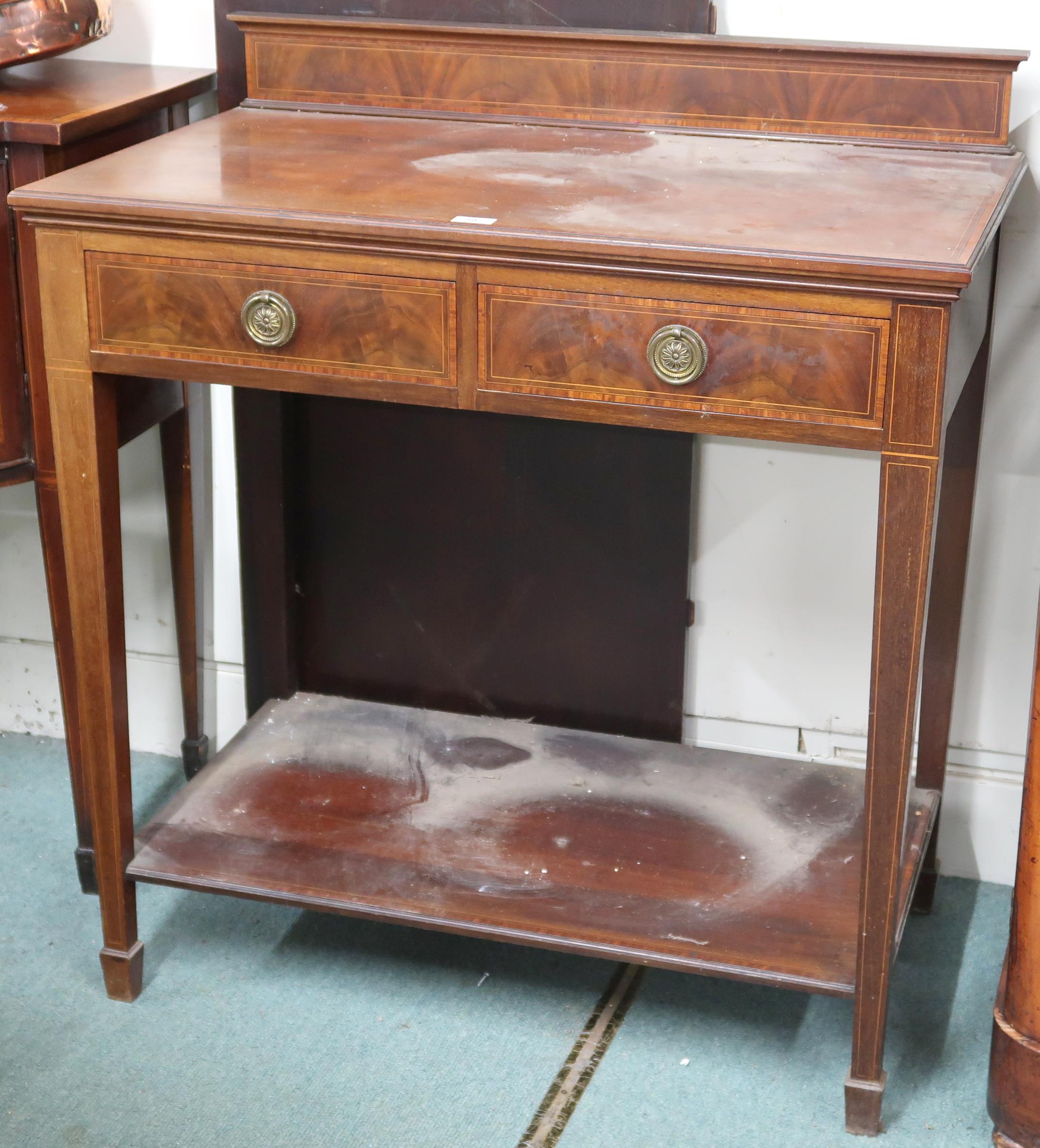 A late Victorian mahogany buffet table with two drawers on square tapering supports joined by - Image 2 of 3