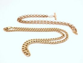 Two 9ct gold neck chains, belcher with attached 'T' bar length 46cm, curb chain length 50cm,