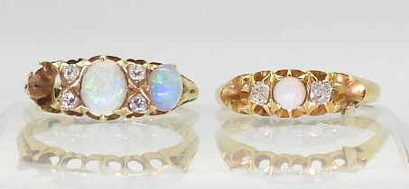 An 18ct gold opal and diamond ring (af) finger size K1/2, together with a further 18ct gold opal and