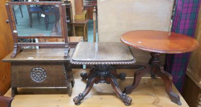 A lot comprising small oak hinged top chest, circular topped occasional table, square topped