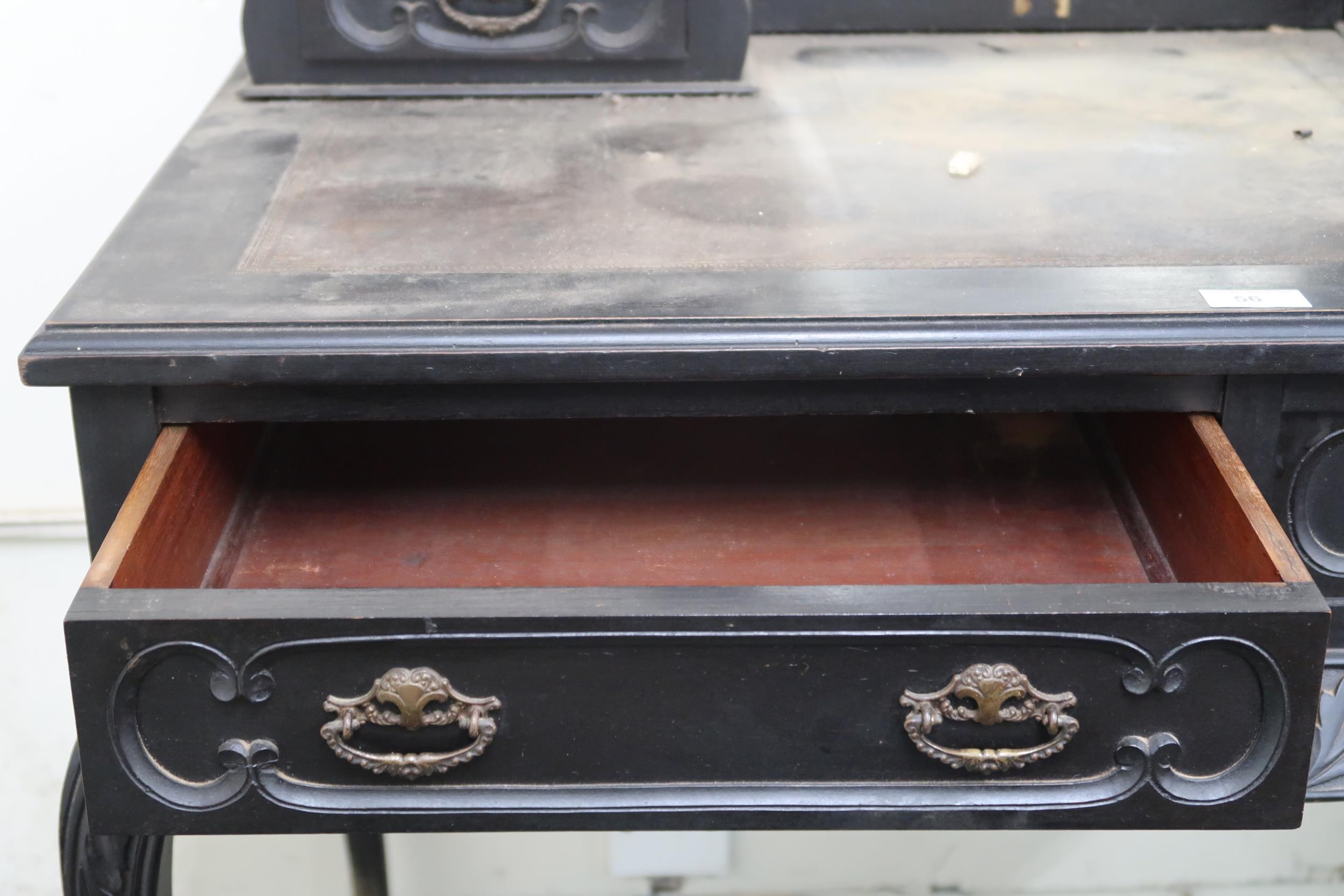 A 19th century continental style ebonised desk with shaped superstructure of central bevelled - Image 4 of 4