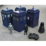 Doctor Who: four Tardis desk tidies, a small remote control Dalek and two small action figures