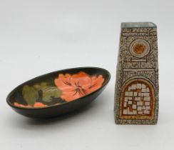 A Troika coffin vase by Louise Jinks, together with a Moorcroft Hibiscus pattern dish Condition