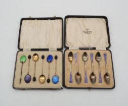 A set of silver gilt enamel demitasse spoons, by Levi & Salaman, Birmingham 1926, and another set of