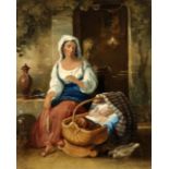 FRANCIS WILLIAM TOPHAM Mother winding yarn with baby in cradle, signed, watercolour, 29 x 24cm