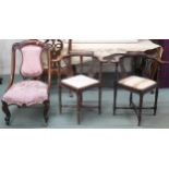 A lot comprising Victorian walnut framed slipper chair with pink Damask upholstery and a pair of oak