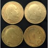 EDWARD VII HALF SOVEREIGN COINS, 1902 3.95 grams, 1904 4 grams, 1907 4 grams, 1909 4 grams (4)