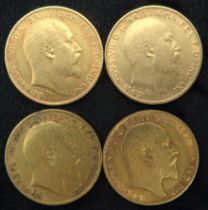 EDWARD VII HALF SOVEREIGN COINS, 1902 3.95 grams, 1904 4 grams, 1907 4 grams, 1909 4 grams (4)